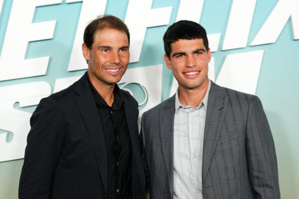 (L–R) Rafael Nadal and Carlos Alcaraz attend The Netflix Slam media availability event at Mandalay Bay Resort and Casino in Las Vegas, Nev., on March 2, 2024. (Chris Unger/Getty Images)