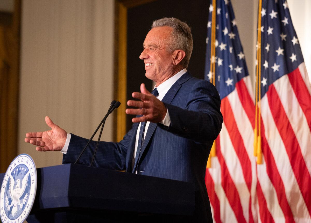Presidential candidate Robert F. Kennedy Jr. speaks at the Nixon Library in Yorba Linda, Calif., on June 12, 2024. (John Fredricks/The Epoch Times)