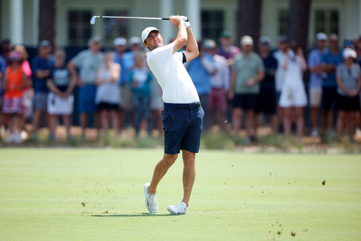 Scottie Scheffler of the United States plays a shot on the seventh hole during a practice round prior to the U.S. Open at Pinehurst Resort in Pinehurst, N.C., on June 12, 2024. (Alex Slitz/Getty Images)