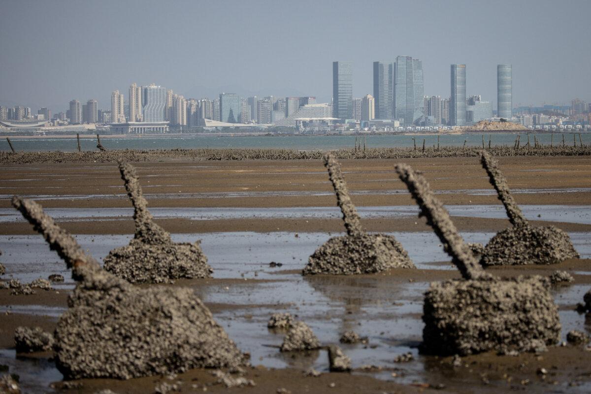 Anti-tank fortifications from previous conflicts line the beach in front of the Chinese city of Xiamen on April 09, 2023 in Kinmen, Taiwan. Kinmen, an island in the Taiwan strait that is part of Taiwan's territory, is so close to China that the deep-water port of Xiamen, one of China's biggest, lies less than three miles away across the water. (Chris McGrath/Getty Images)