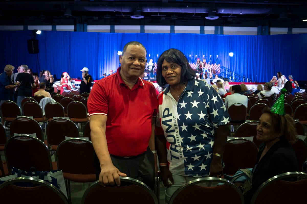 Fritz Seide, 69, and his wife, Judith Seide, 67, natives of Haiti who now live in Wellington, Fla., attend former President Donald J. Trumpâs birthday party event at the Palm Beach County Convention Center in West Palm Beach, Fla., on June 14, 2024. (Madalina Vasiliu/The Epoch Times)