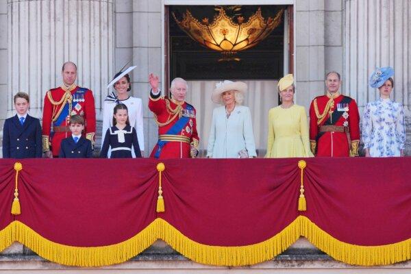 (L–R)Prince George, the Prince of Wales, Prince Louis, the Princess of Wales, Princess Charlotte, King Charles III, Queen Camilla, the Duchess of Edinburgh, the Duke of Edinburgh, and Lady Louise Windsor on the balcony of Buckingham Palace, London, to view the flypast following the Trooping the Colour ceremony in central London, as King Charles celebrates his official birthday on June 15, 2024. (Jonathan Brady/PA Wire)