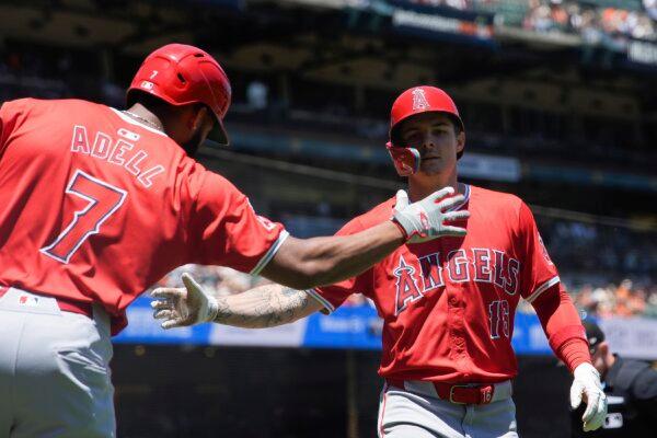 Los Angeles Angels' Mickey Moniak (R) celebrates with Jo Adell after hitting a solo home run against the San Francisco Giants during the second inning of a baseball game in San Francisco on June 15, 2024. (Godofredo A. Vásquez/AP Photo)