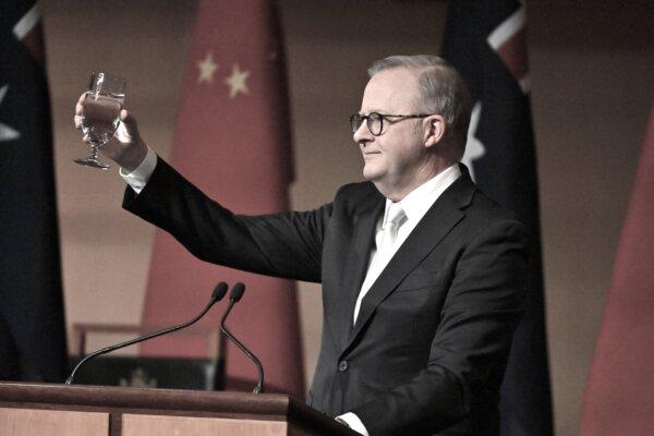 Prime Minister Anthony Albanese speaks at a luncheon for China’s Premier Li Qiang at Parliament House in Canberra, Australia, on June 17, 2024. (AAP Image/Mick Tsikas)