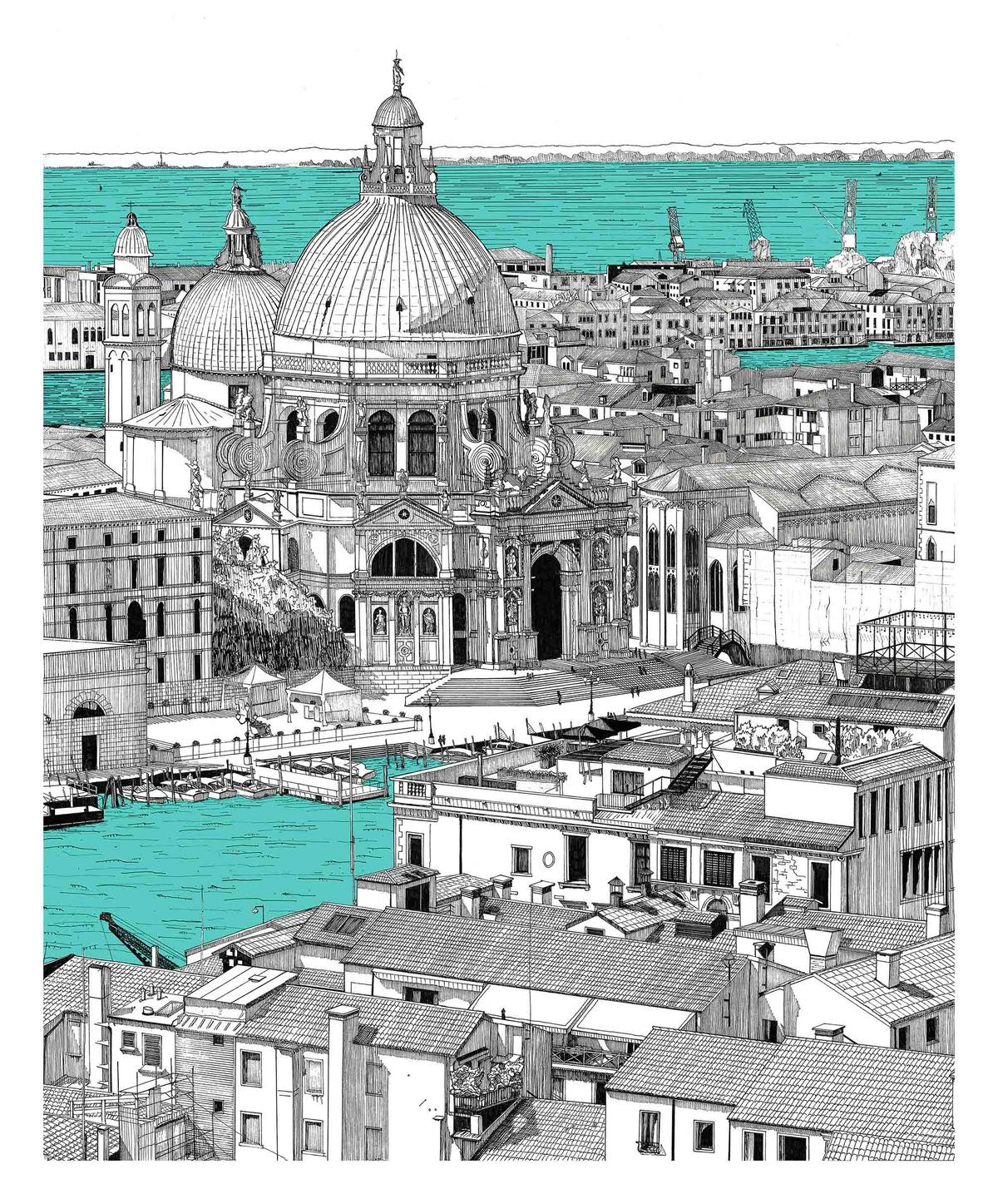 马克斯‧凯利的《眺望<span class="mw-page-title-main">安康圣母圣殿》</span>(A View Towards Santa Maria Della Salute)。(由Max Kerly提供)