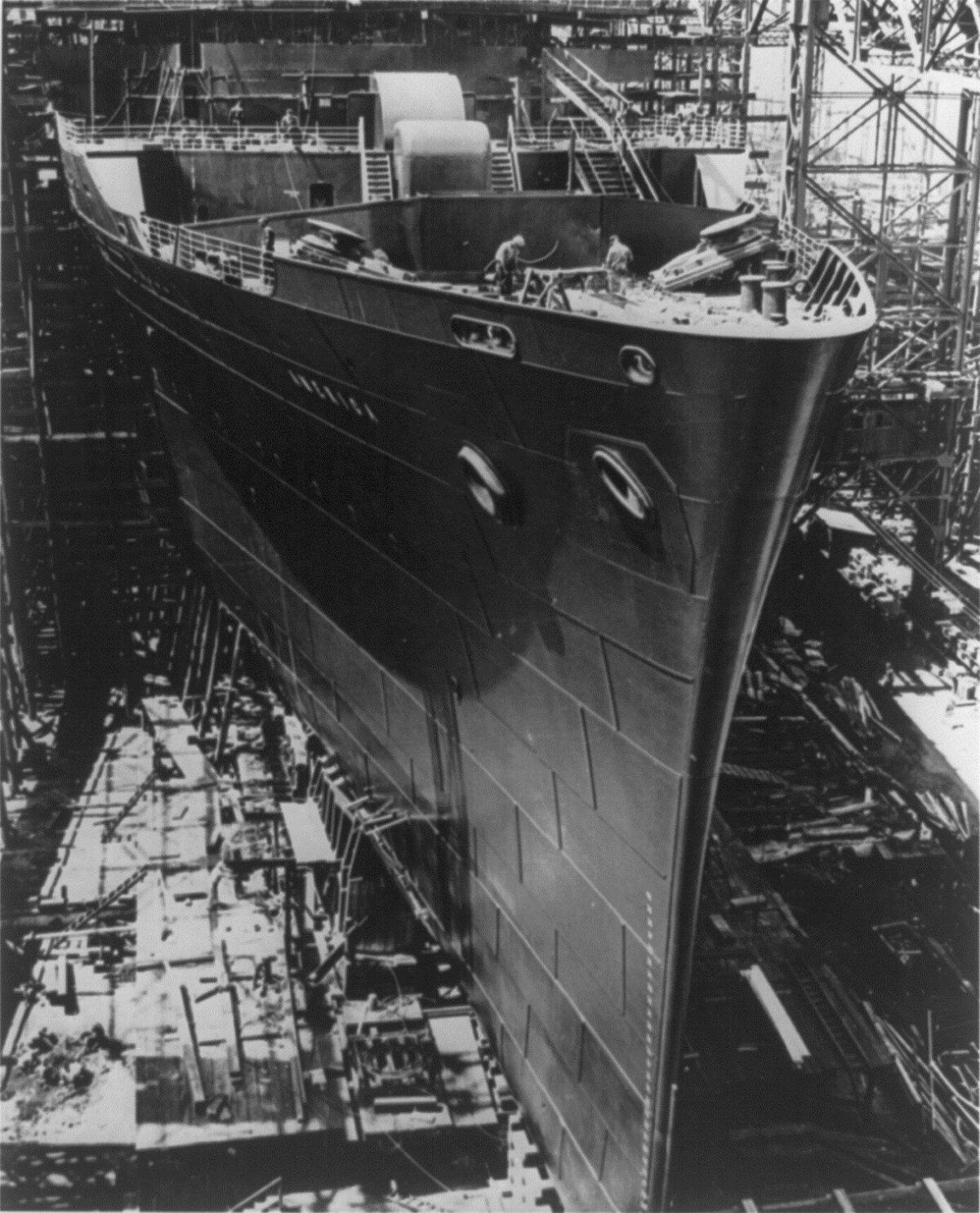 Hull of the SS America under construction. (Public Domain)