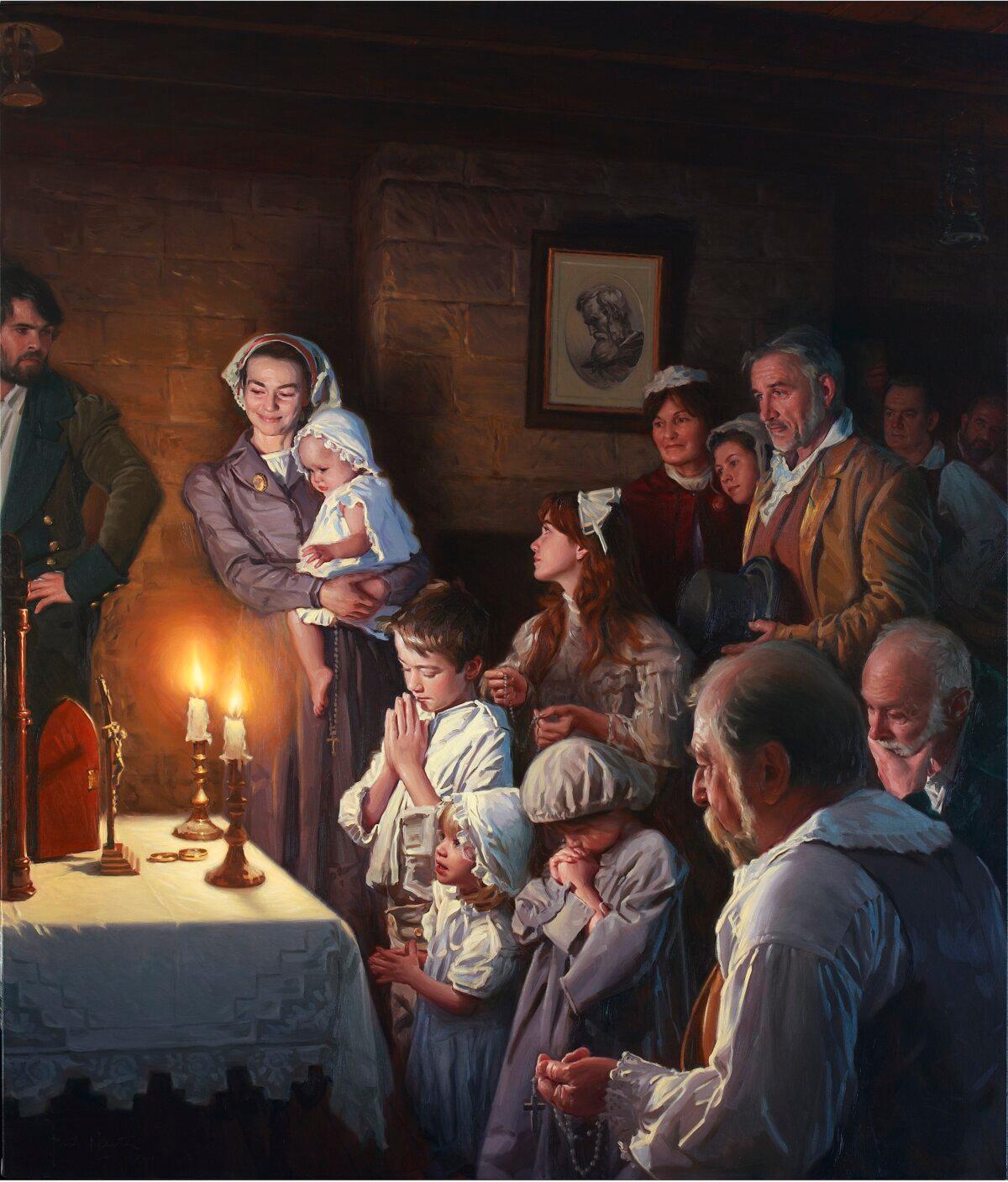 “Early Catholic Community of Sydney, Circa 1818,” 2011, by Paul Newton. Oil on linen; 70 7/8 inches by 61 inches. St. Peter Chanel Chapel at the Domus Australia Guesthouse in Rome, Italy. (Courtesy of Paul Newton)