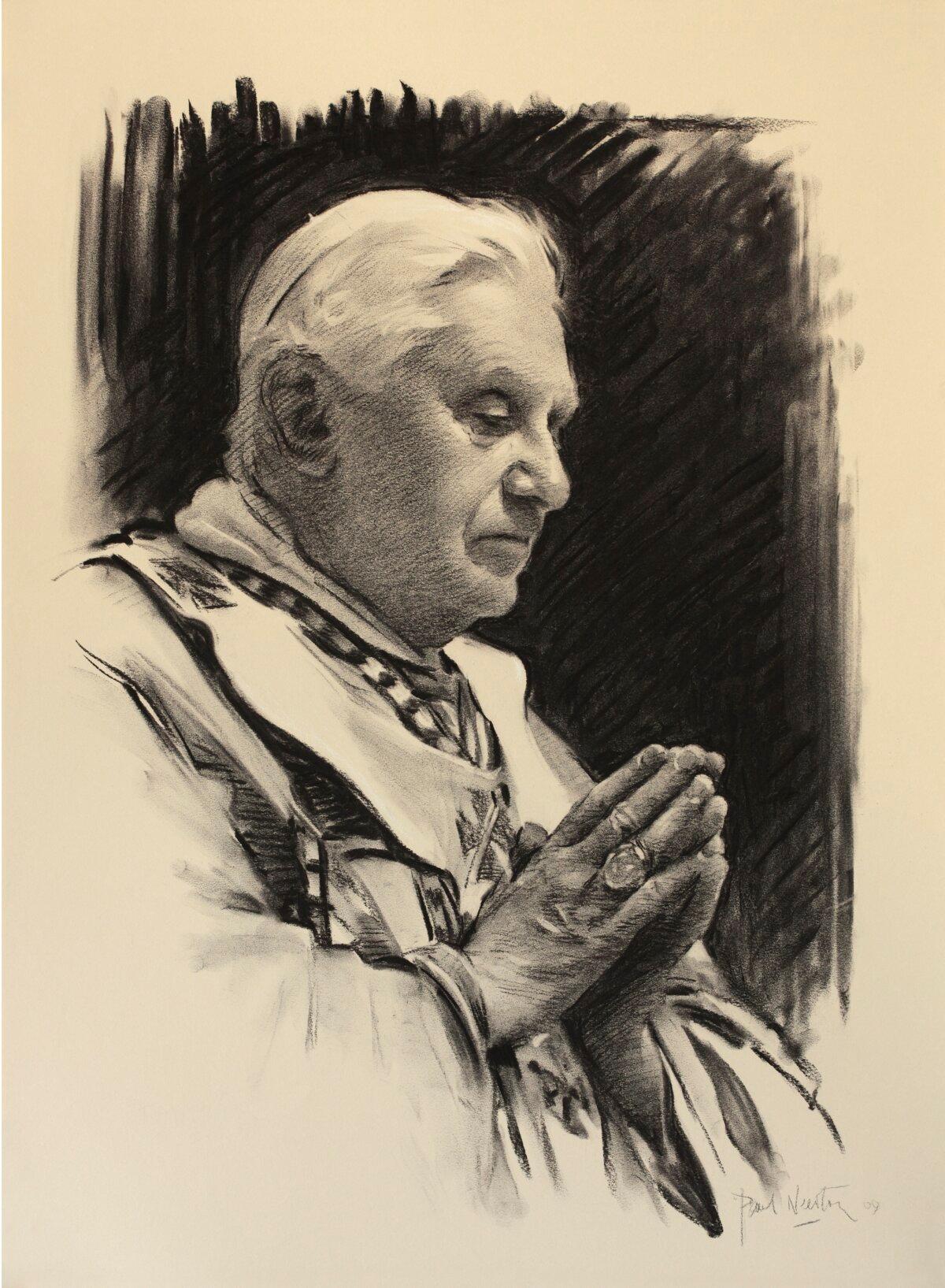 “His Holiness Pope Benedict XVI,” 2009, by Paul Newton. World Youth Day, Sydney, 2008. Charcoal and pastel on colored paper; 29 1/2 inches by 21 1/2 inches. (Courtesy of Paul Newton)
