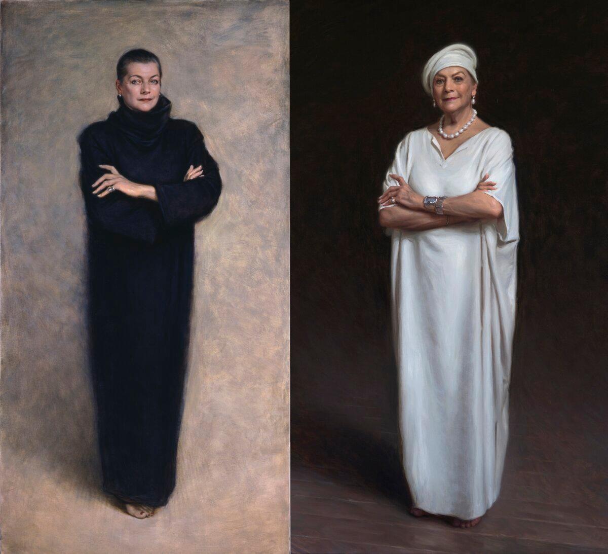 A side-by-side comparison of Paul Newton’s portraits of Australian model and television presenter Maggie Tabberer painted in 1999 (L) and 2020 (R). Both portraits made the finals for the Archibald Prize in 1999 and 2020, respectively. (L) Oil on canvas; 84 inches by 42 inches, (R) Oil on linen; 84 inches by 51 3/8 inches. (Courtesy of Paul Newton)