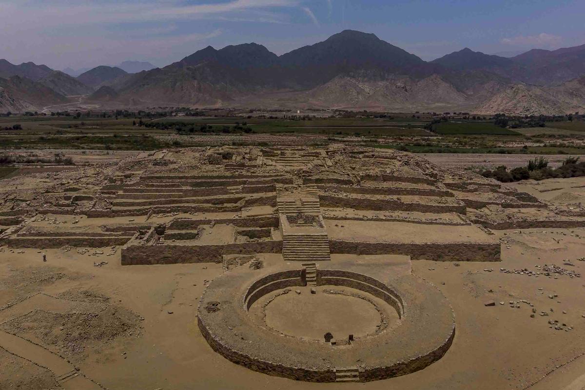 An aerial view of the round amphitheater at Caral. (Wirestock Creators/Shutterstock)