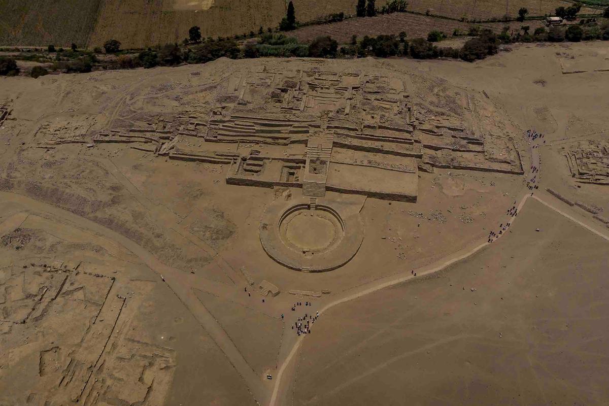 An aerial view of the amphitheater at Caral. (Wirestock Creators/Shutterstock)