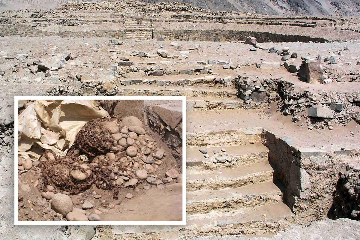 A terraced platform among the ruins (<a href="https://en.wikipedia.org/wiki/File:PeruCaral24.jpg">Håkan Svensson Xauxa</a>/<a href="https://creativecommons.org/licenses/by-sa/3.0/deed.en">CC BY-SA 3.0</a>); (Inset) The remains of cloth sacks used to haul stone building materials onsite. (<a href="https://commons.wikimedia.org/wiki/File:PeruCaral22.jpg">Håkan Svensson Xauxa</a>/<a href="https://creativecommons.org/licenses/by-sa/3.0/deed.en">CC BY-SA 3.0</a>)