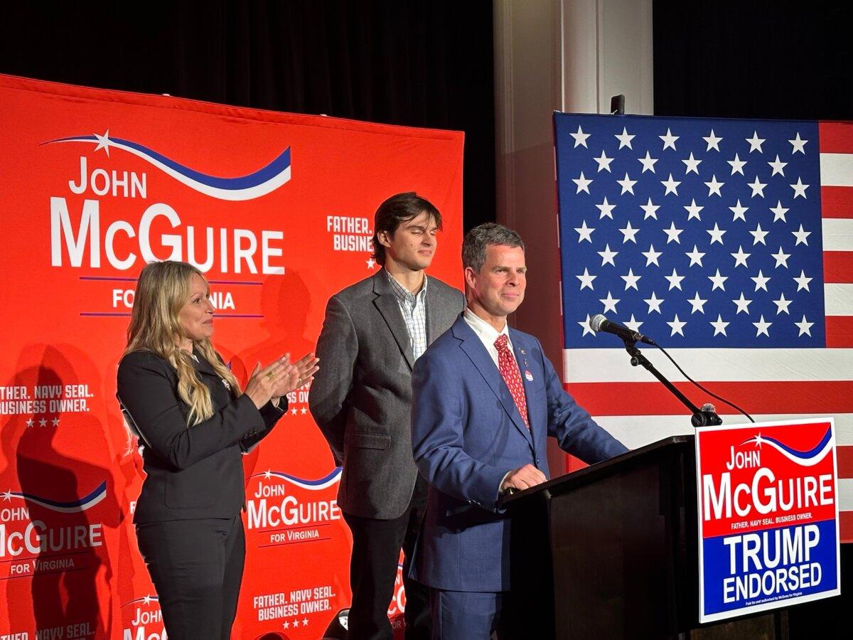 Virginia state Sen. John McGurie, a candidate in the GOP primary in Virginia’s 5th Congressional District, takes the stage at his election watch party at The Virginian Hotel in Lynchburg, Va., on June 18. (Jackson Richman/Epoch Times)