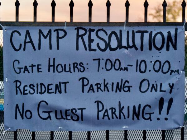 Camp Resolution, a county-authorized homeless camp in Sacramento, as seen on June 17, 2024. (Travis Gillmore/The Epoch Times)