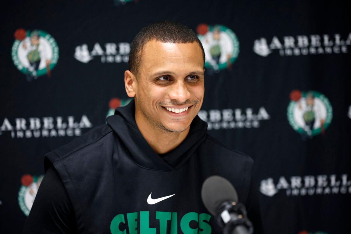 Interim head coach Joe Mazzulla of the Boston Celtics speaks with the media prior to the game against the Charlotte Hornets at Greensboro Coliseum Complex in Greensboro, N.C., on Oct. 7, 2022. (Jared Tilton/Getty Images)