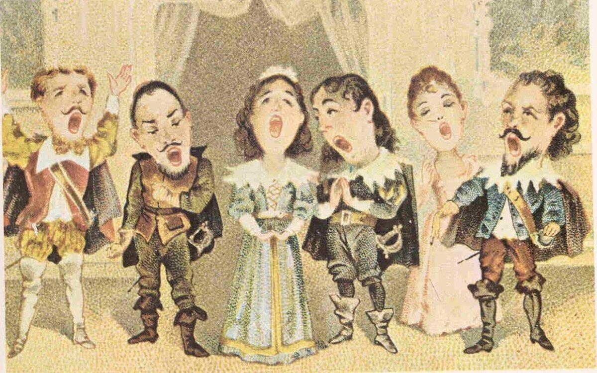 A caricature of the "Lucia Sextet," circa 1900. The "mad scene" in this opera was Munsel's audition for the Met. (Public Domain)