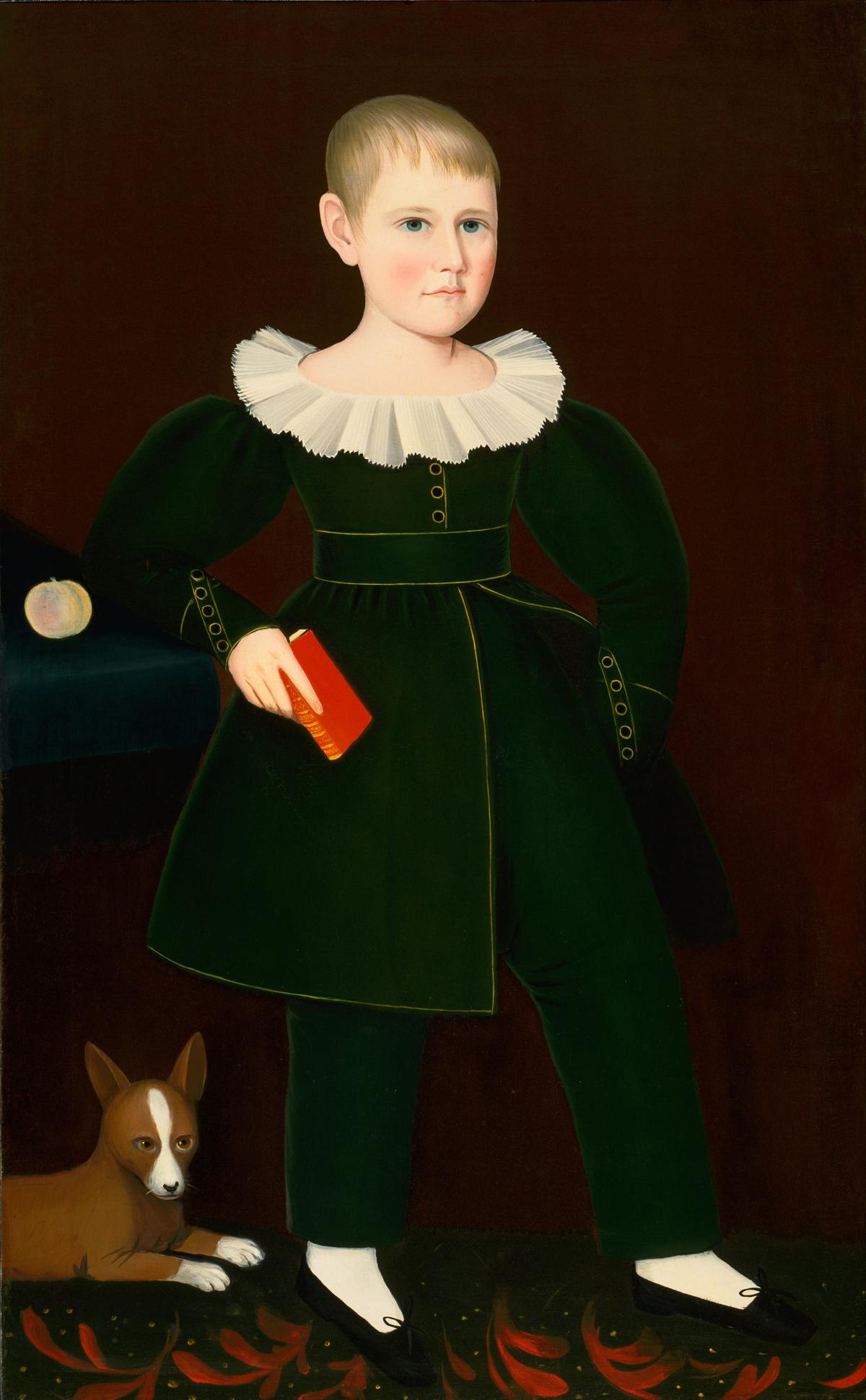 "Blond Boy With Primer, Peach, and Dog," circa 1836, by Ammi Phillips. Oil on canvas; 48 3/8 inches by 30 inches. Philadelphia Museum of Art. (Public Domain)