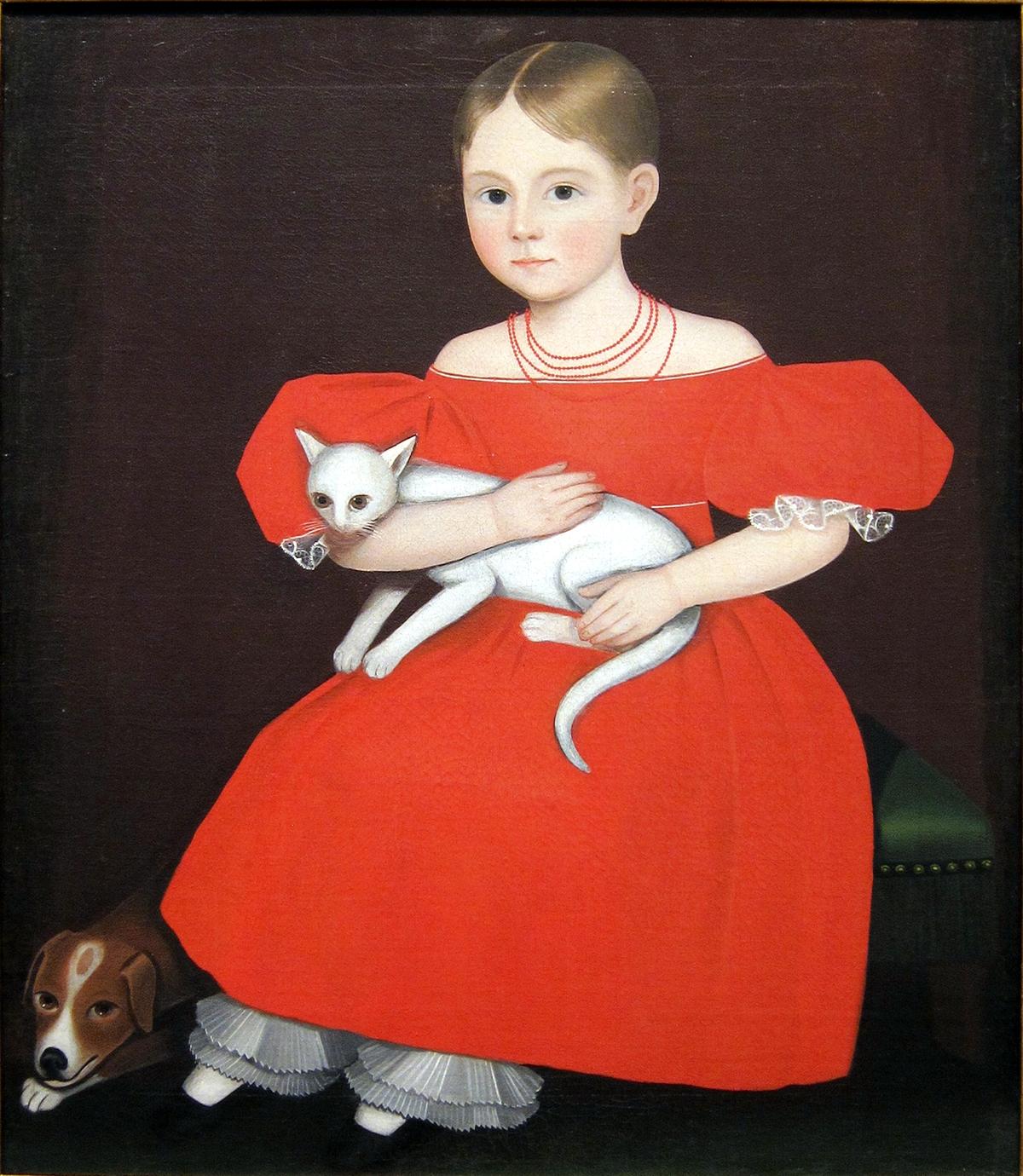 "Girl in Red Dress With Cat and Dog," 1830–1835, by Ammi Phillips. Oil on canvas; 30 inches by 25 inches. American Folk Art Museum, New York City. (Public Domain)