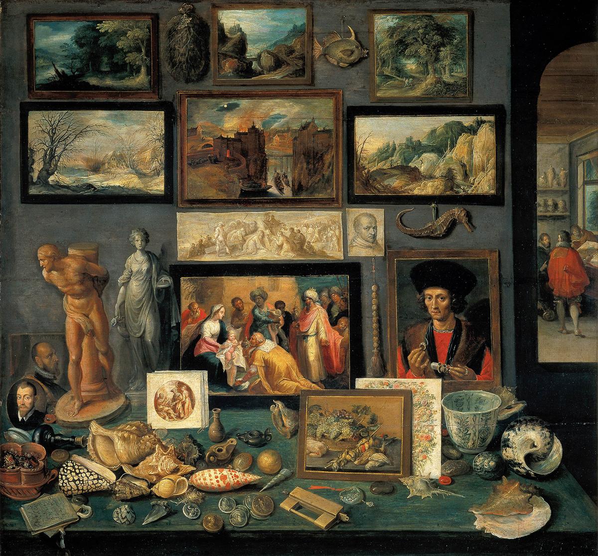 小法蘭斯‧法蘭肯(Frans Frankken the Younger)的作品《藝術與珍奇屋》(Chamber of Art and Curiosities),1636年創作。木板油畫;86.4×119.4厘米。奧地利維也納藝術史博物館(Kunsthistorisches Museum, Vienna)收藏。(公有領域)