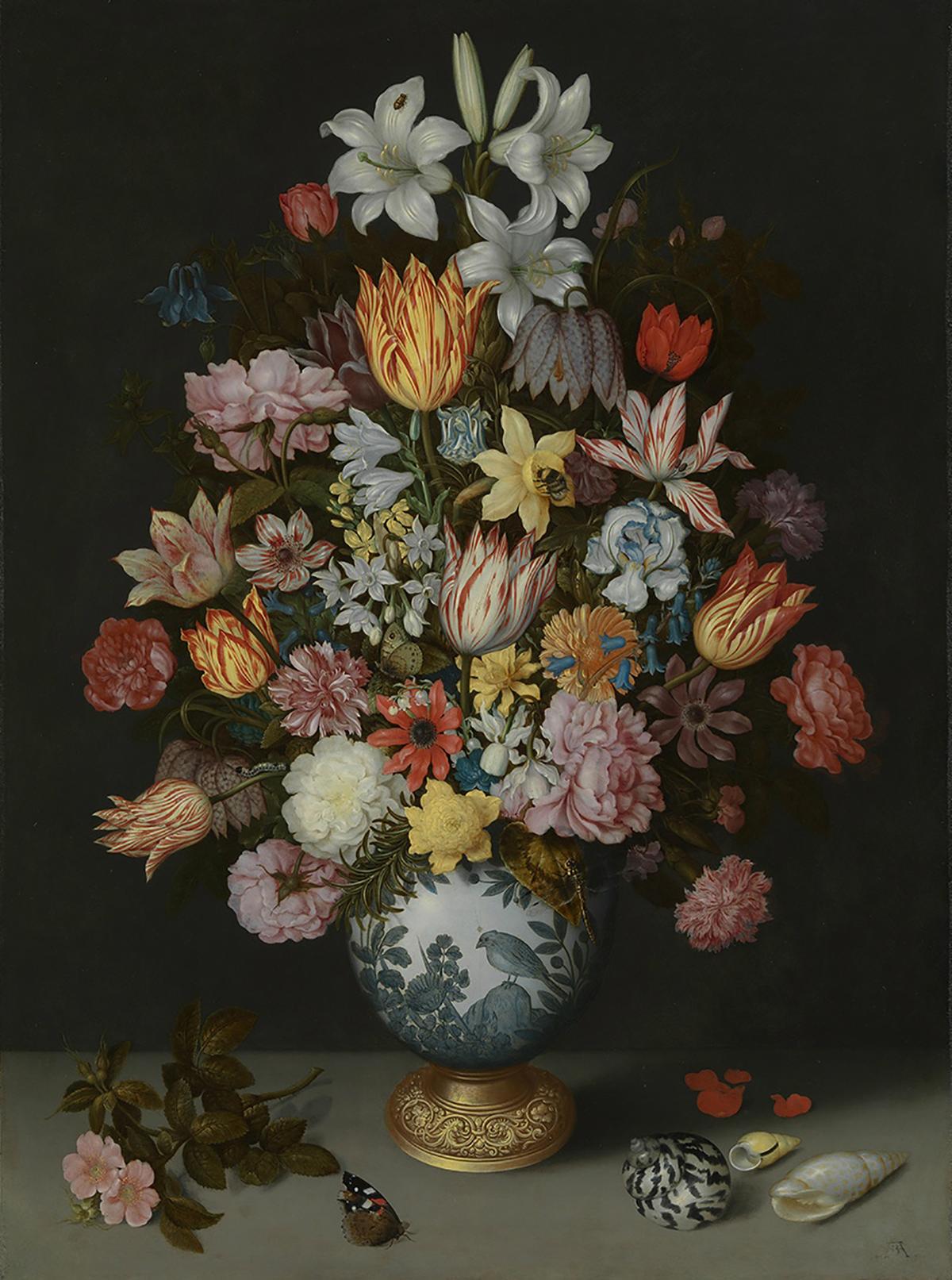 安布羅修斯‧博斯查特的作品《萬曆花瓶靜物畫》(A Still Life of Flowers in a Wan-Li Vase on a Ledge With Further Flowers, Shells and a Butterfly),1609—1610年創作,銅版油畫;68.6×50.8厘米。倫敦國家美術館收藏。(公有領域)