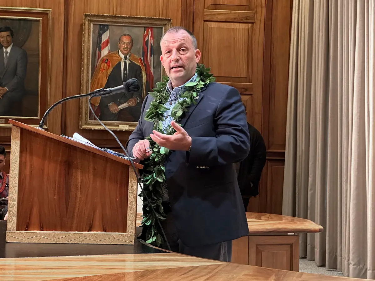 Hawaii Gov. Josh Green speaks at a news conference in Honolulu, Hawaii, on Dec. 15, 2023. (Audrey McAvoy/AP Photo)