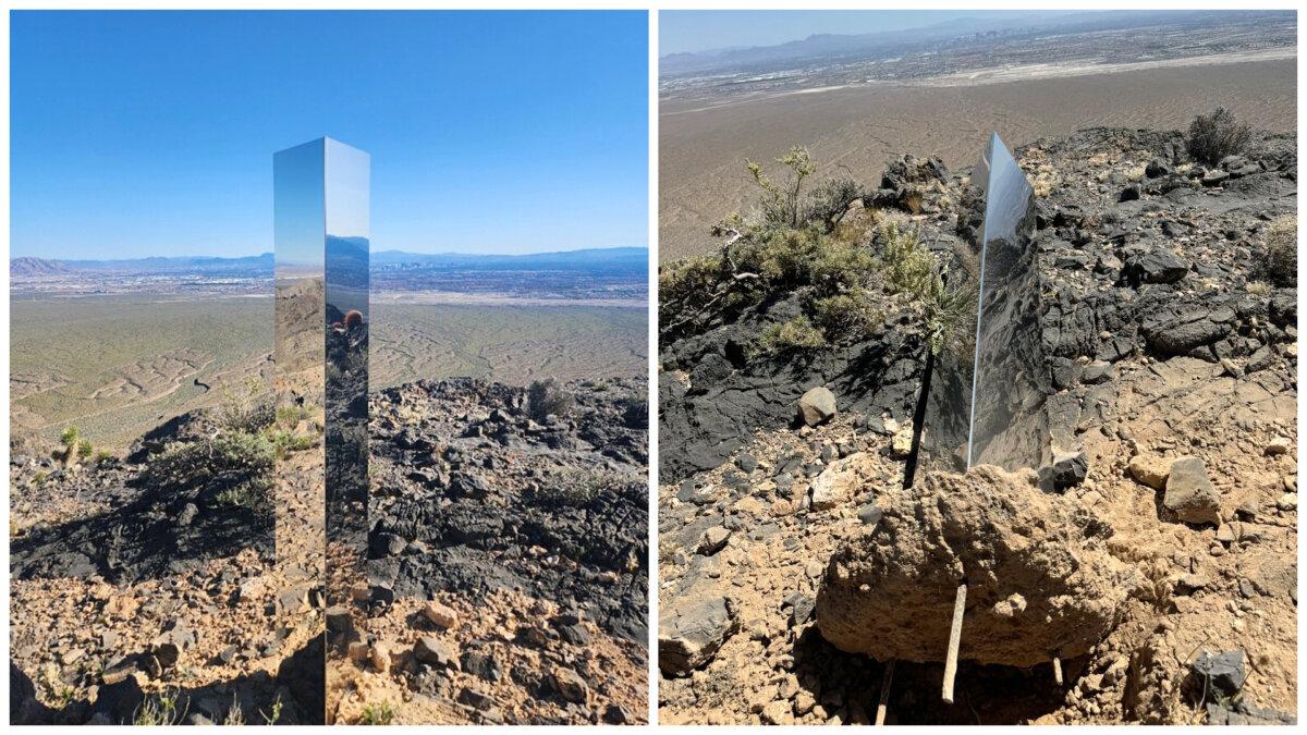 (Left) A monolith near Gass Peak, Nev., on June 16, 2024. (Right) The mysterious Monolith is removed in Gass Peak, Nev., on June 20, 2024. (Las Vegas Metropolitan Police Department via AP)