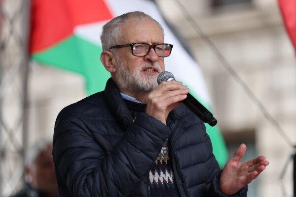Former Labour Party leader Jeremy Corbyn speaking at a rally during a pro-Palestine march in central London on Feb. 3, 2024. (Belinda Jiao/PA Wire)