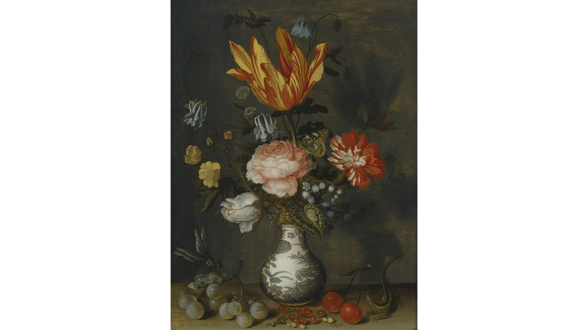巴爾塔薩‧范德阿斯特(Balthasar van der Ast)的作品《萬曆花瓶裏的花》(Flowers in a Wan-Li Vase),約1628年創作。木板油畫。德國亞琛蘇爾蒙特博物館(Suermondt-Ludwig-Museum)收藏。(公有領域)