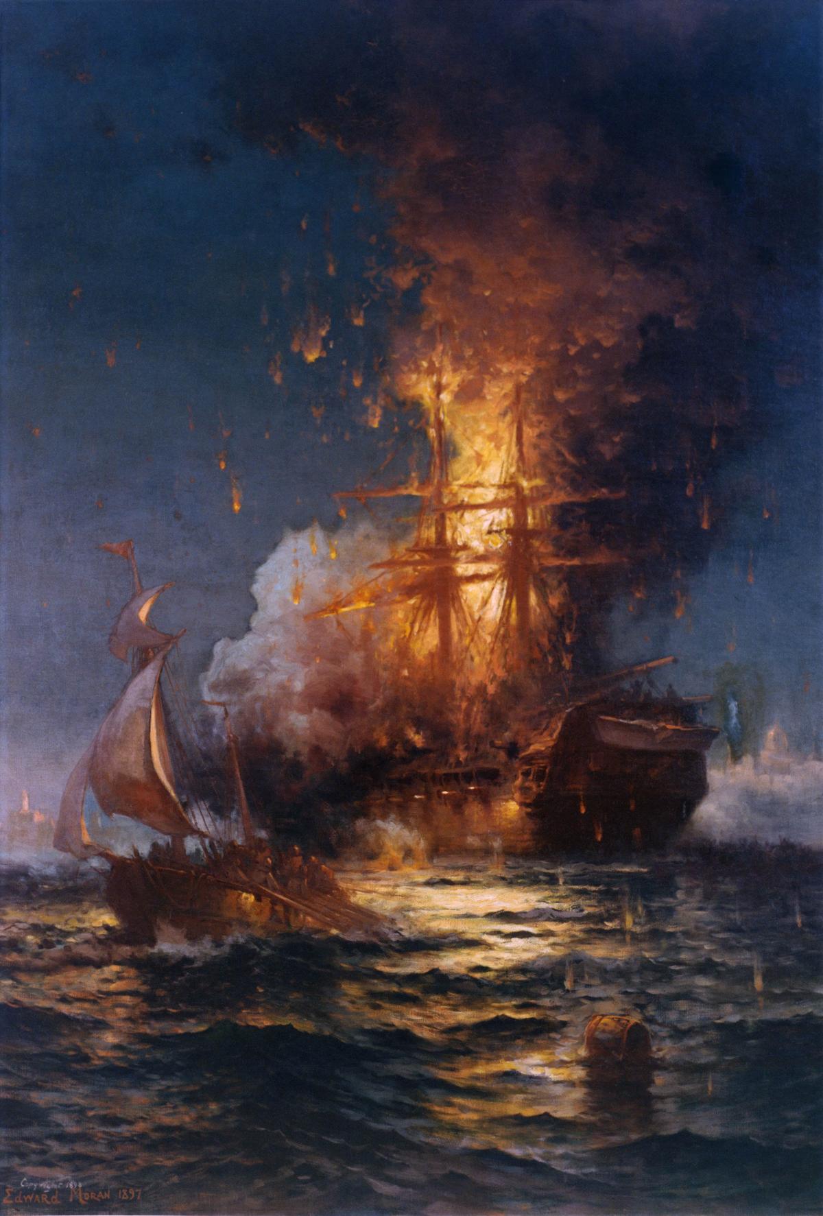 “The White Squadron’s Farewell Salute to the Body of John Ericsson, New York Bay, August 23, 1890,” 1897, by Edward Moran. Oil on canvas. U.S. Naval Academy Museum Collection. (Public Domain)