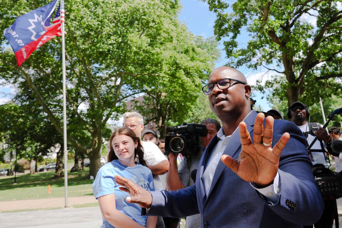 Rep. Jamaal Bowman (D-N.Y.) greets campaign volunteers as he arrives for a "Get Out the Vote" campaign event at Hartley Park in Mount Vernon, N.Y., on June 24, 2024. (Michael M. Santiago/Getty Images)