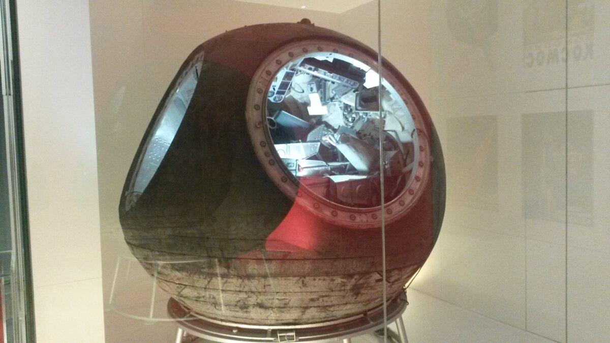 The Voshkod 1 that was flown in 1964 is now on display at the Science Museum in London. (<a href="https://en.wikipedia.org/wiki/Voskhod_1#/media/File:Voskhod_1_capsule_on_display,_2016.jpg">Andrew Gray/CC BY-SA 3.0</a>)