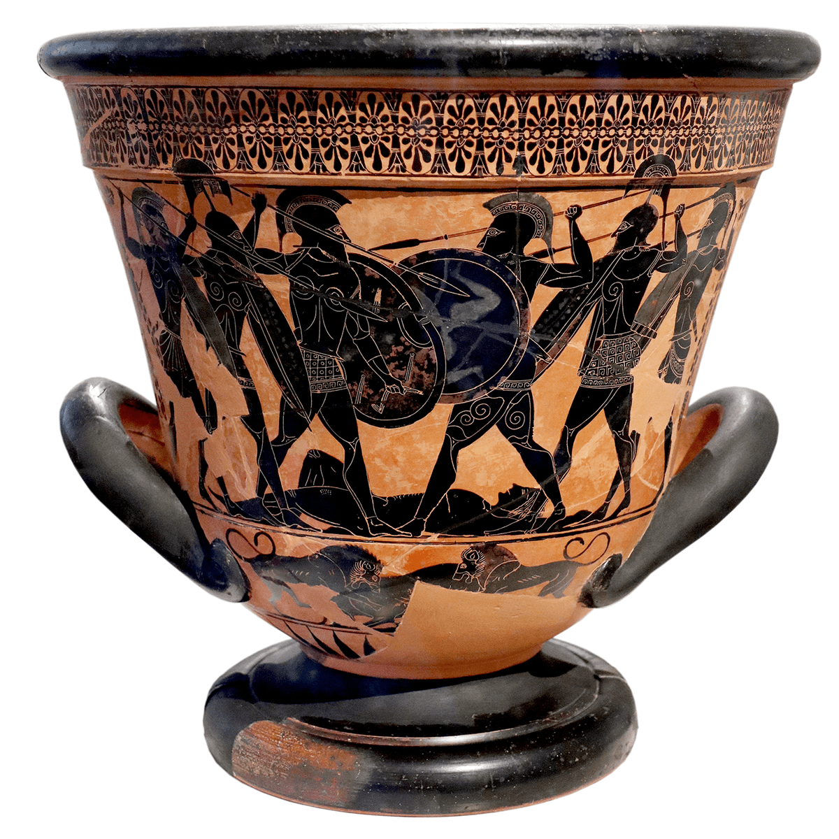 Attic black-figure calyx krater, circa 320 B.C., from Farsala, Greece. National Archaeological Museum of Athens, Greece. A painted scene of a Homeric battle around the body of a dead warrior, probably Patroclus. (<a href="https://commons.wikimedia.org/wiki/File:Attic_black-figure_calyx_krater_(side_A)._6th_cent._BCE_cropped_white-balanced_white-bg.png" target="_blank" rel="nofollow noopener">George E. Koronaios</a>/<a href="https://creativecommons.org/licenses/by-sa/4.0/deed.en" target="_blank" rel="nofollow noopener">CC BY-SA 4.0</a>)