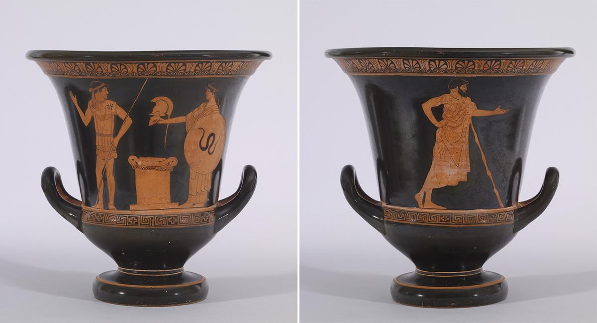 "Calyx Krater With a Departure Scene," 470–460 B.C., by a Altamura Painter from Athens. Terracotta, wheel made; red figure; 14 1/8 inches by 14 1/8 inches. The Walters Art Museum, Baltimore. (Public Domain)