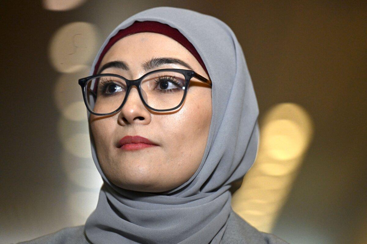 Labor Senator Fatima Payman speaks to the media after crossing the floor on a motion moved by the Australian Greens to recognise the State of Palestine at Parliament House in Canberra, on June 25, 2024. (Lukas Coch/AAP)