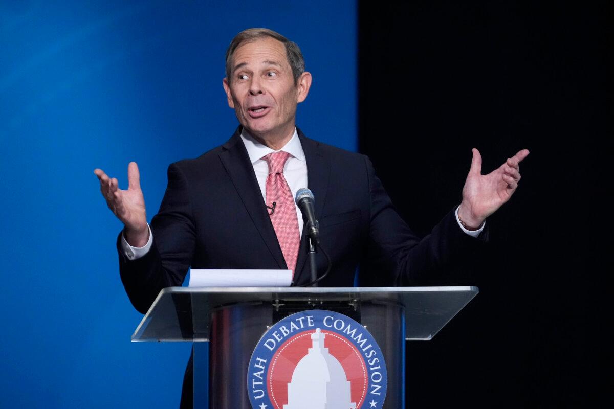 Rep. John Curtis speaks during the Utah Senate primary debate for Republican contenders battling to win the seat of retiring U.S. Sen. Mitt Romney in Salt Lake City on June 10, 2024. (AP Photo/Rick Bowmer, Pool, File)