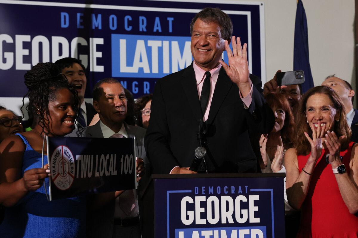 Westchester County Executive George Latimer speaks to supporters after winning his race against Democratic incumbent Rep. Jamaal Bowman in the 16th Congressional District of New York's Democratic primary. (Spencer Platt/Getty Images)