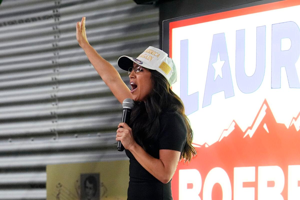 Rep. Lauren Boebert (R-Colo.) speaks to reporters during a primary election watch party in Windsor, Colo. on June 25, 2024. (AP Photo/David Zalubowski)