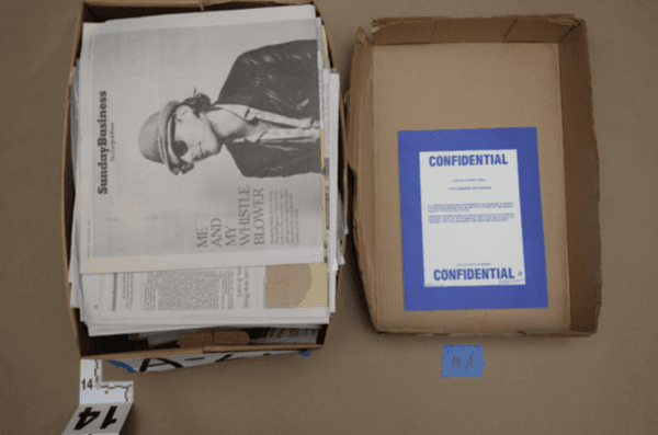 A photo released by the Department of Justice on June 24, 2024, shows documents at the Mar-a-Lago property in Florida. (Department of Justice)