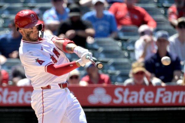 Zach Neto (9) of the Los Angeles Angels doubles in three runs in the sixth inning against the Oakland Athletics in Anaheim, Calif., on June 26, 2024. (Jayne Kamin-Oncea/Getty Images)
