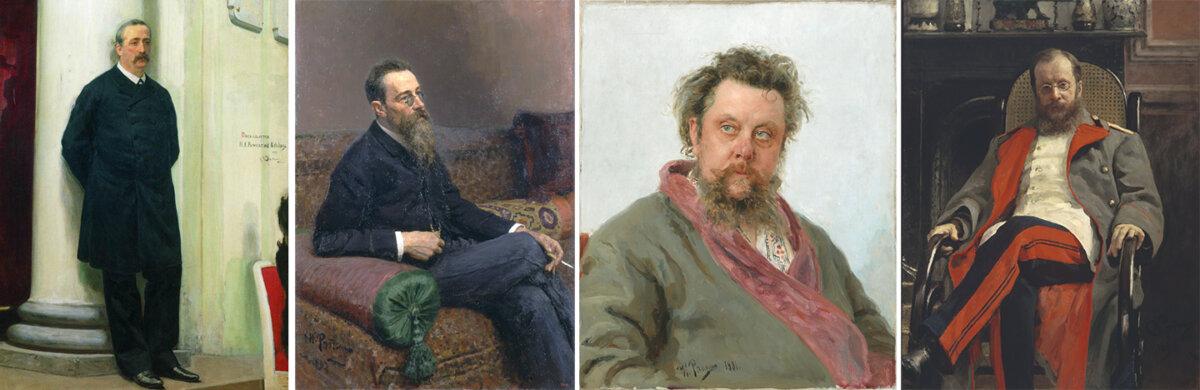Four members of The Five. (L-R) Portrait of composer and chemist Aleksander Porfirievich Borodin (1888) and Portrait of Composer Nikolai Andreyevich Rimsky-Korsakov (1893) by Ilya Repin. Russian Museum, Saint Petersburg. Portrait of the Composer Modest Petrovich Mussorgsky (1881) and Portrait of Composer Cesar Antonovich Cui (1890) by Ilya Repin. Tretyakov Gallery, Moscow. (Public Domain)