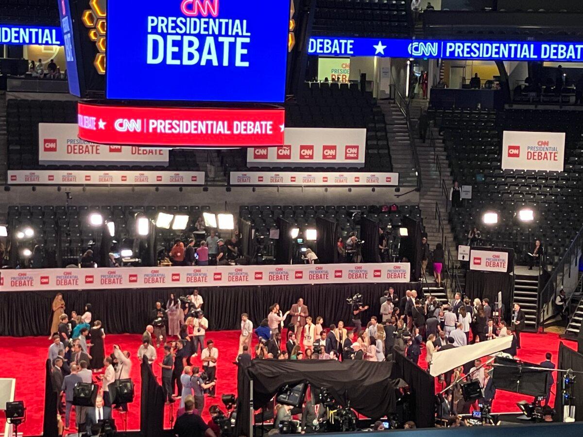 A few of spin room at Georgia Tech’s McCamish Pavilion, near the site of the CNN Presidential Debate in Atlanta, Ga., on June 27, 2024. (Janice Hisle/The Epoch Times)