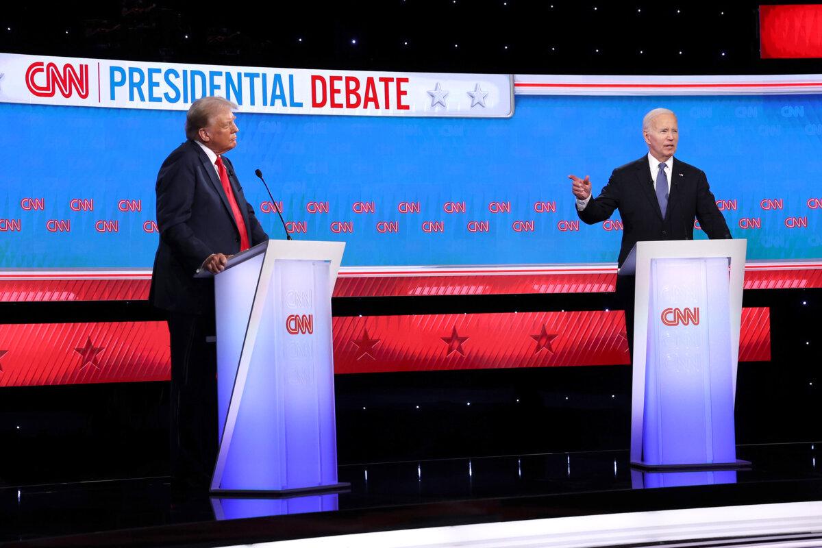 President Joe Biden (R) and Republican presidential candidate, former President Donald Trump participate in the CNN Presidential Debate at the CNN Studios in Atlanta on June 27, 2024. (Justin Sullivan/Getty Images)