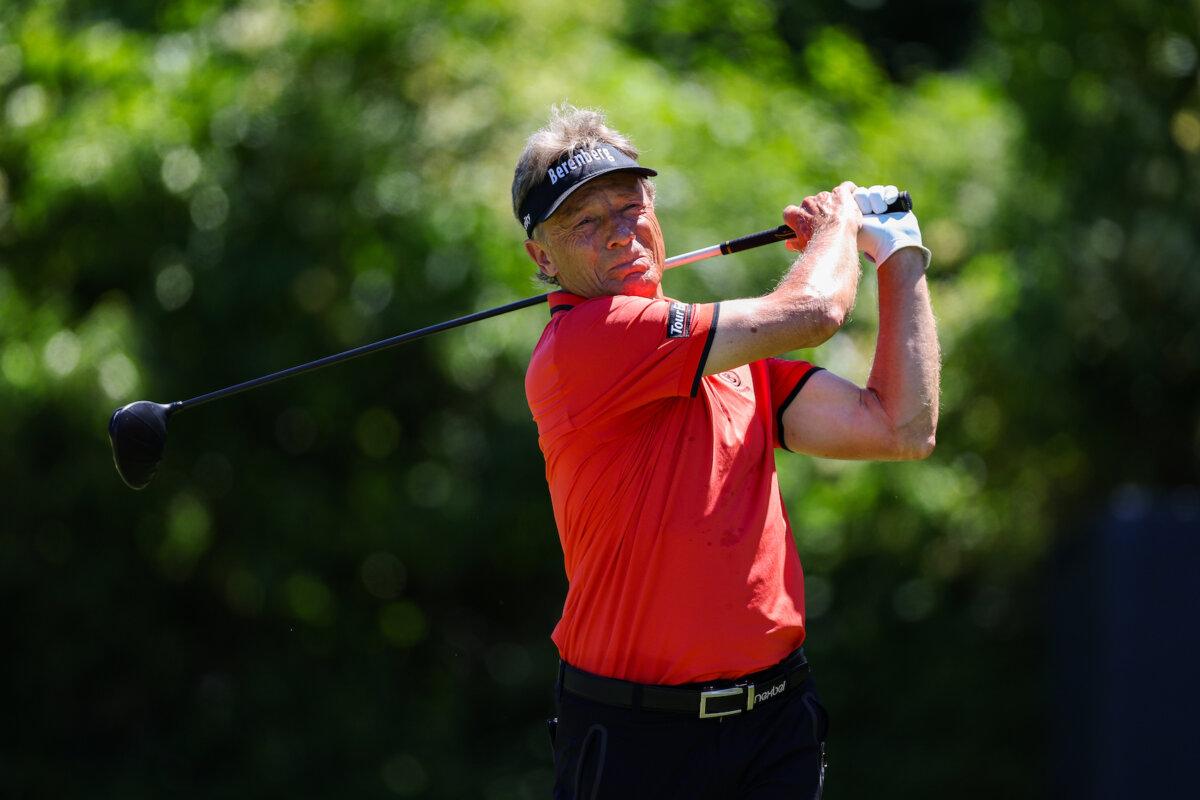 <br/>Bernhard Langer plays his shot on the third hole during the first round of the U.S. Senior Open Championship at Newport Country Club on June 27, 2024. (Brennan Asplen/Getty Images)