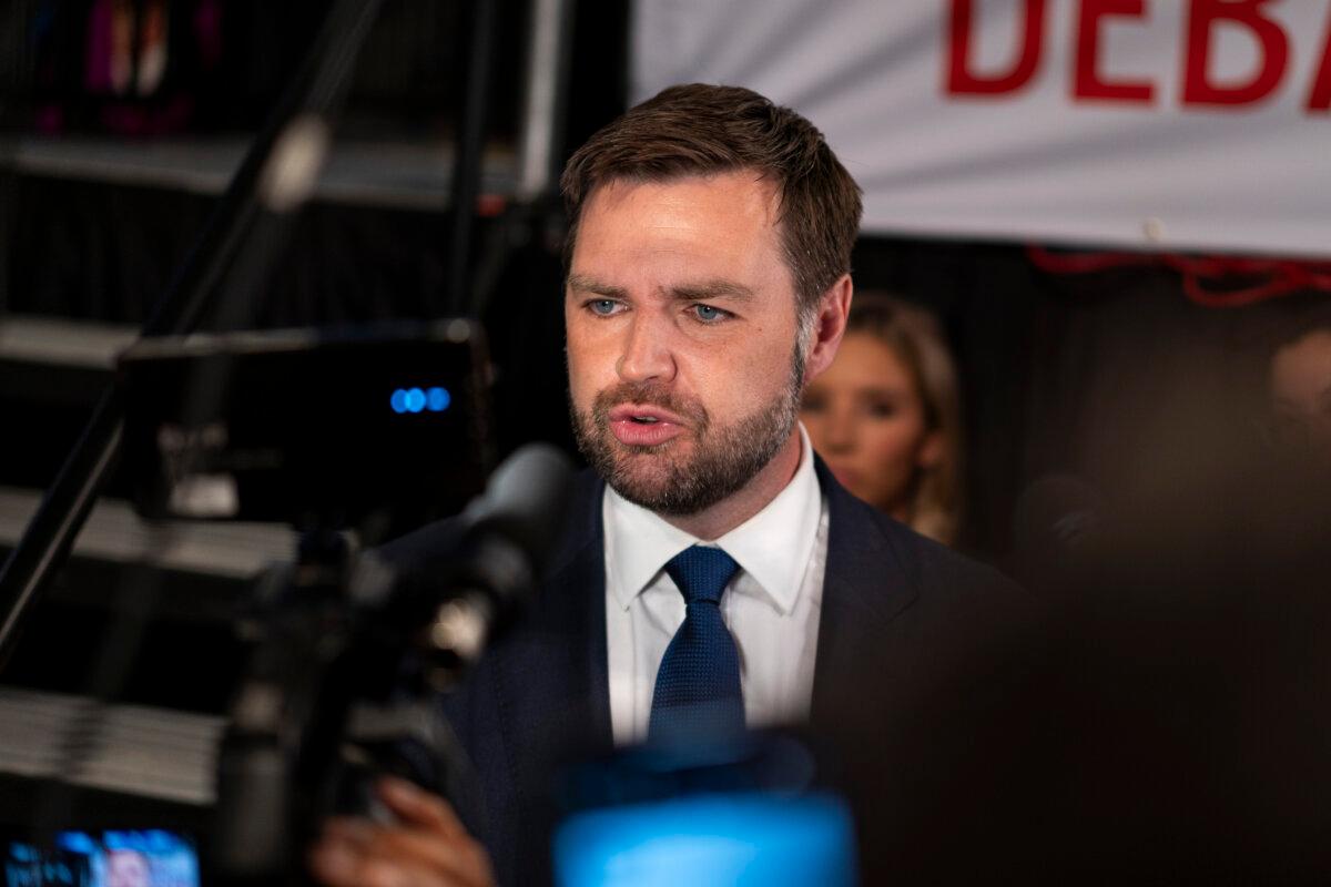 Sen. J.D. Vance (R-Ohio) speaks to members of the press in the spin room after President Joe Biden and former President Donald J. Trump's presidential debate in Atlanta, Ga., on June 27, 2024. (Madalina Vasiliu/The Epoch Times)