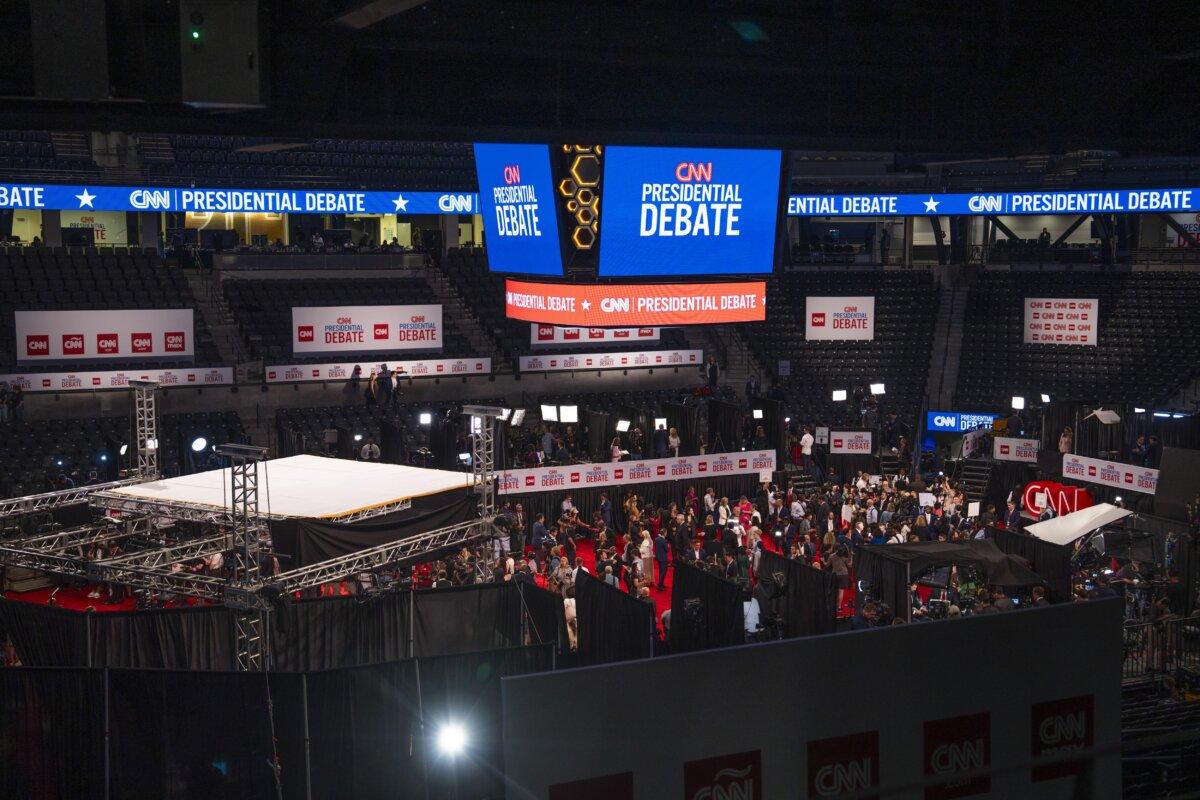 The spin room after former President Donald J. Trump and President Joe Biden's presidential debate in Atlanta, Ga., on June 27, 2024. (Madalina Vasiliu/The Epoch Times)