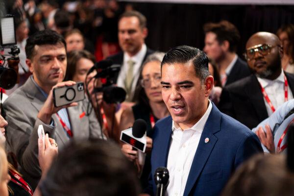 Rep. Robert Garcia (D-Calif.) speaks to press members in the spin room after President Joe Biden and former President Donald J. Trump's presidential debate in Atlanta, Ga., on June 27, 2024. (Madalina Vasiliu/The Epoch Times)