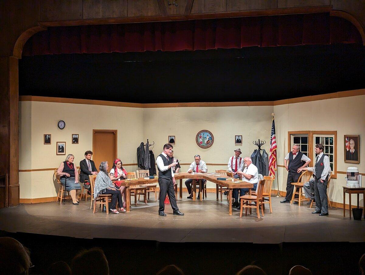 "Seven Angry Jurors," a modernized telling of "Seven Angry Men," tells the story of one person asking questions while 11 others have already made up their minds. (<a href="https://commons.wikimedia.org/wiki/File:Actors_perform_%22Twelve_Angry_Jurors,%22_the_mixed-gender_version_of_%2212_Angry_Men,%22_at_a_community_theatre.jpg">Hkeely/CC BY-SA 4.0</a>)