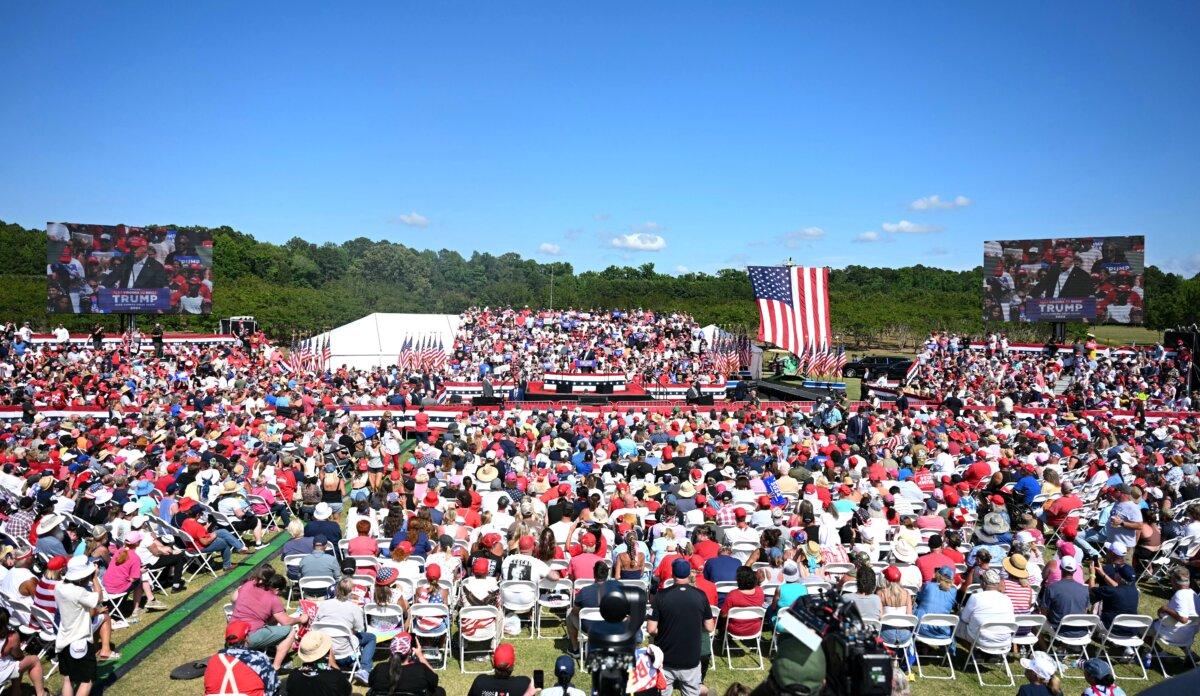 Former President and Republican presidential candidate Donald Trump speaks during a campaign rally at the Historic Greenbrier Farms in Chesapeake, Va., on July 28, 2024. (Jim Watson/AFP via Getty Images)