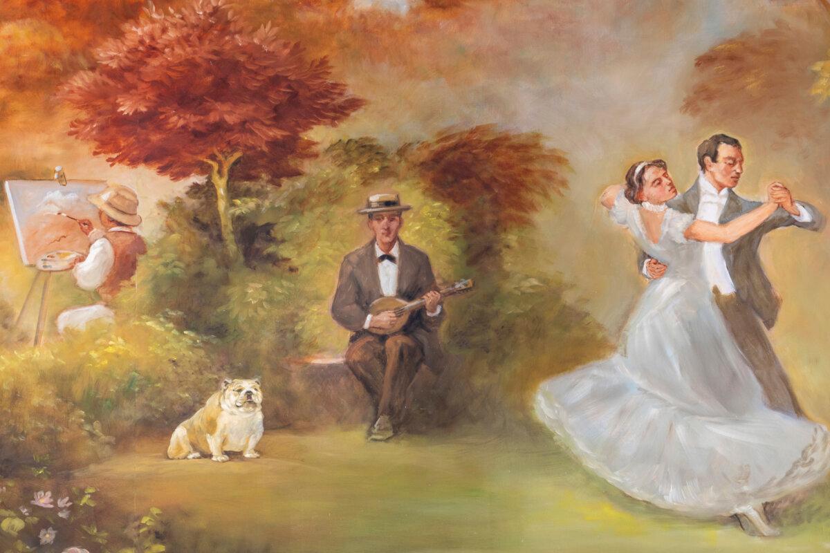 West Virginia Gov. Jim Justice's English Bulldog, Babydog, depicted in this zoomed-in shot of a new mural unveiled at the West Virginia Capitol in Charleston, W.Va., on June 20, 2024. (Perry Bennett/West Virginia Legislature via AP)