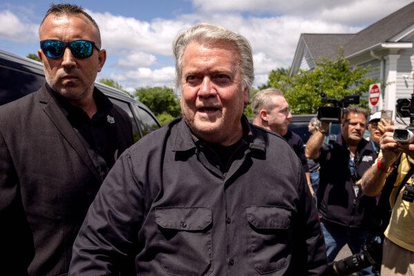 Former White House Chief Strategist Steve Bannon arrives at a press conference outside the Federal Correctional Facility in Danbury, Connecticut on July 1, 2024 (Iwamura/AFP via Getty Images)